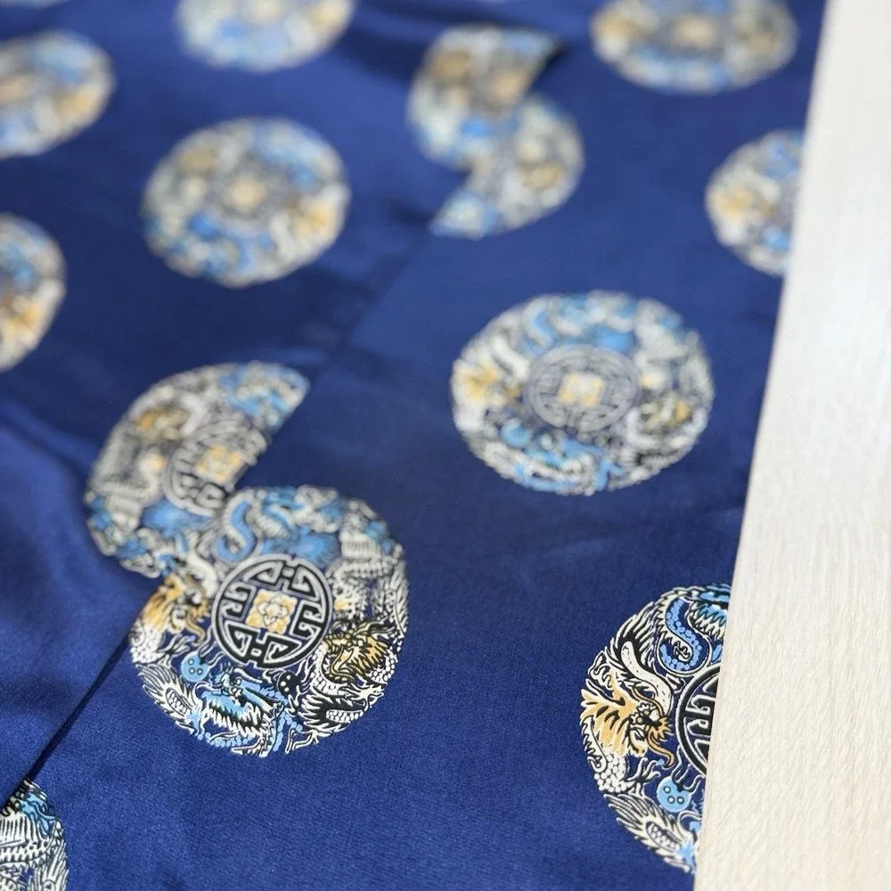 Vintage Blue Dragon‎ Silk Scarf Medallion Print Tassel Fringe Rectangular 49x11